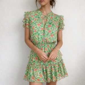 Reset by Jane Joelle Floral Ruffle Mini Dress Green Pink Tie Neck Small Feminine